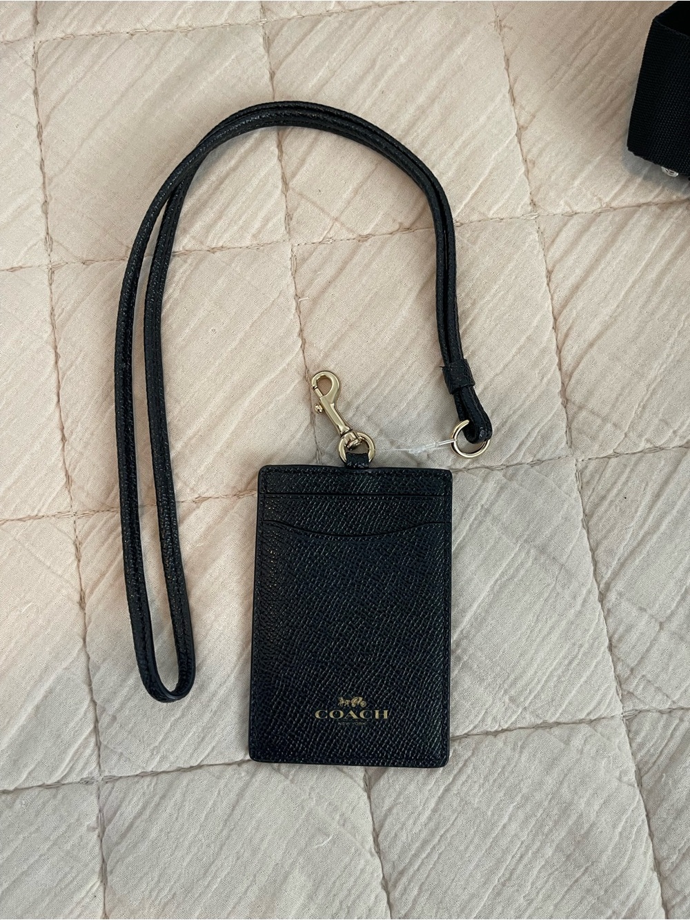 Coach Black Saffiano Leather Lanyard Card Holder with Gold Logo